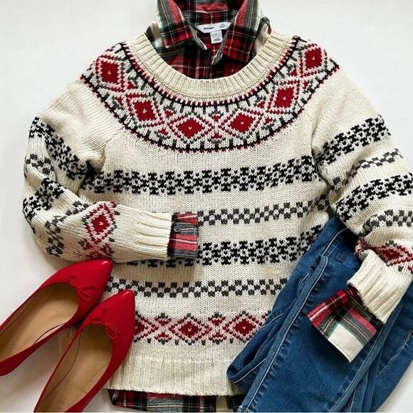 Talbots XL Ivory Red Nordic Fair Isle Wool Blend Knit Crewneck Sweater - Picture 2 of 15